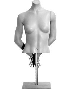 Slim Athletic Build Female Torso Mannequin Form on Metal Base Headless Hands Behind back